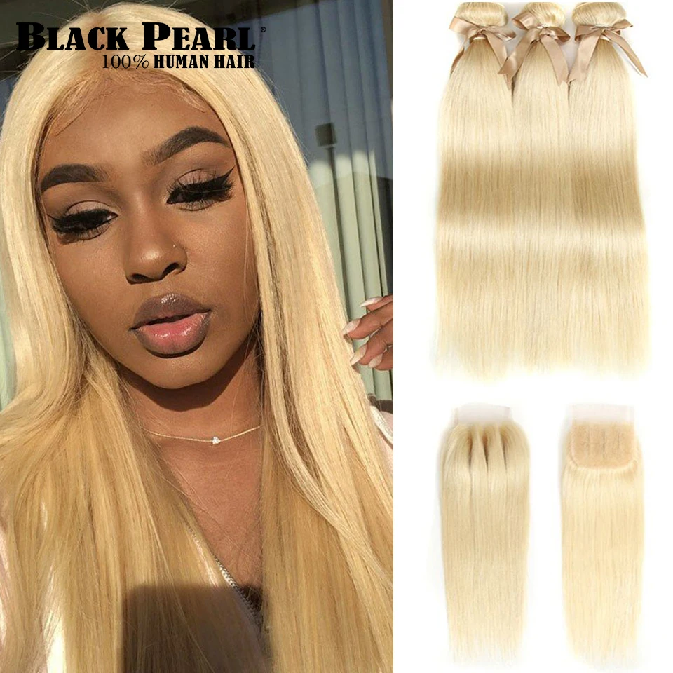 

Black Pearl Brazilian Straight Human Hair Bundles With Closure Honey Blonde Bundles With Closure 613 Bundles With Closure