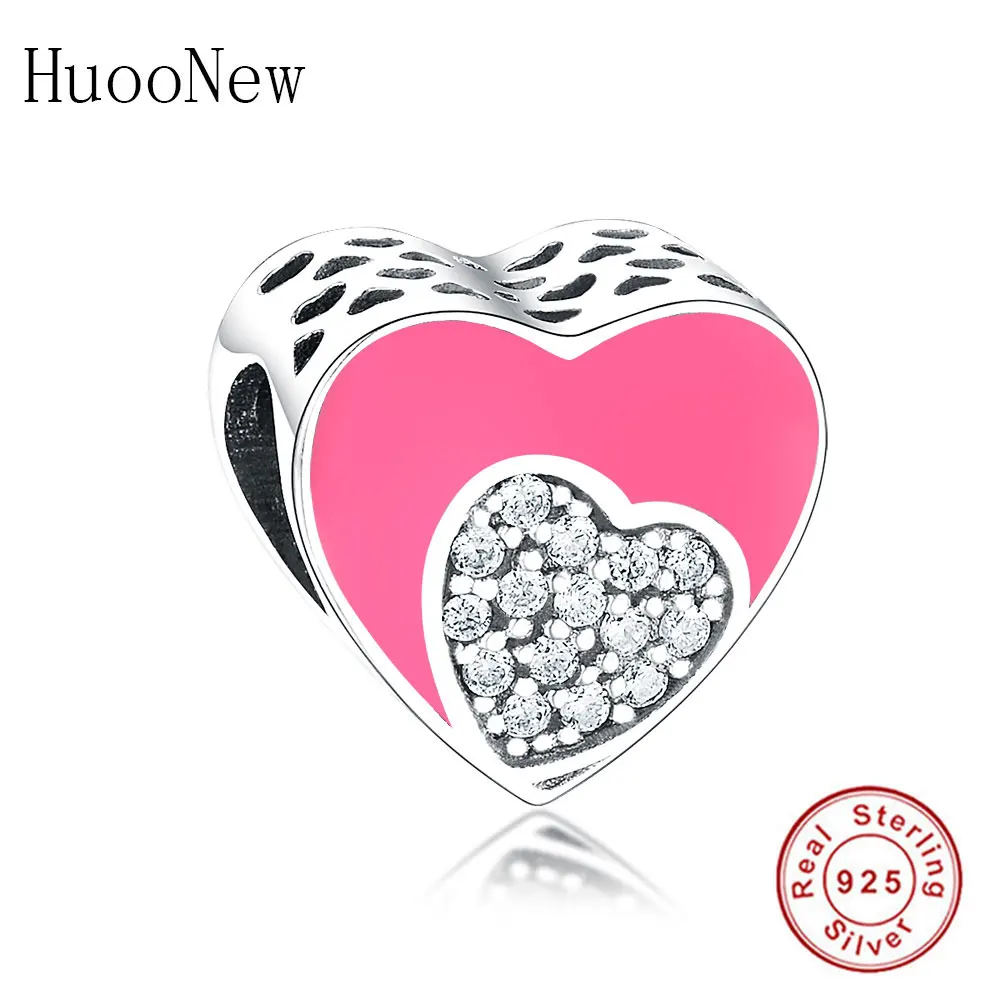 

Clear Zircon Heart In Pink Enamel Heart Beads Fit Original Pandora Charms Bracelet Pulseras 925 Sterling Silver Jewelry Berloque