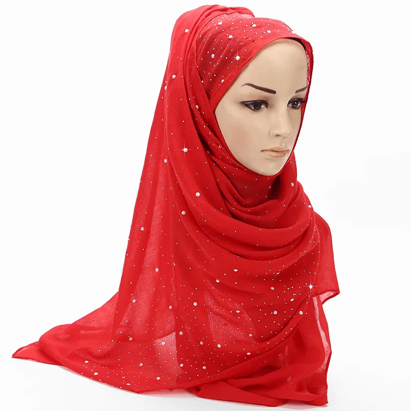 

Fashion Candy Color Women Cotton Scarf Hot Drilling Rhinestones White Pearls Muslim Hijab Head Wrap Shawl Tudung Turkey Scarves