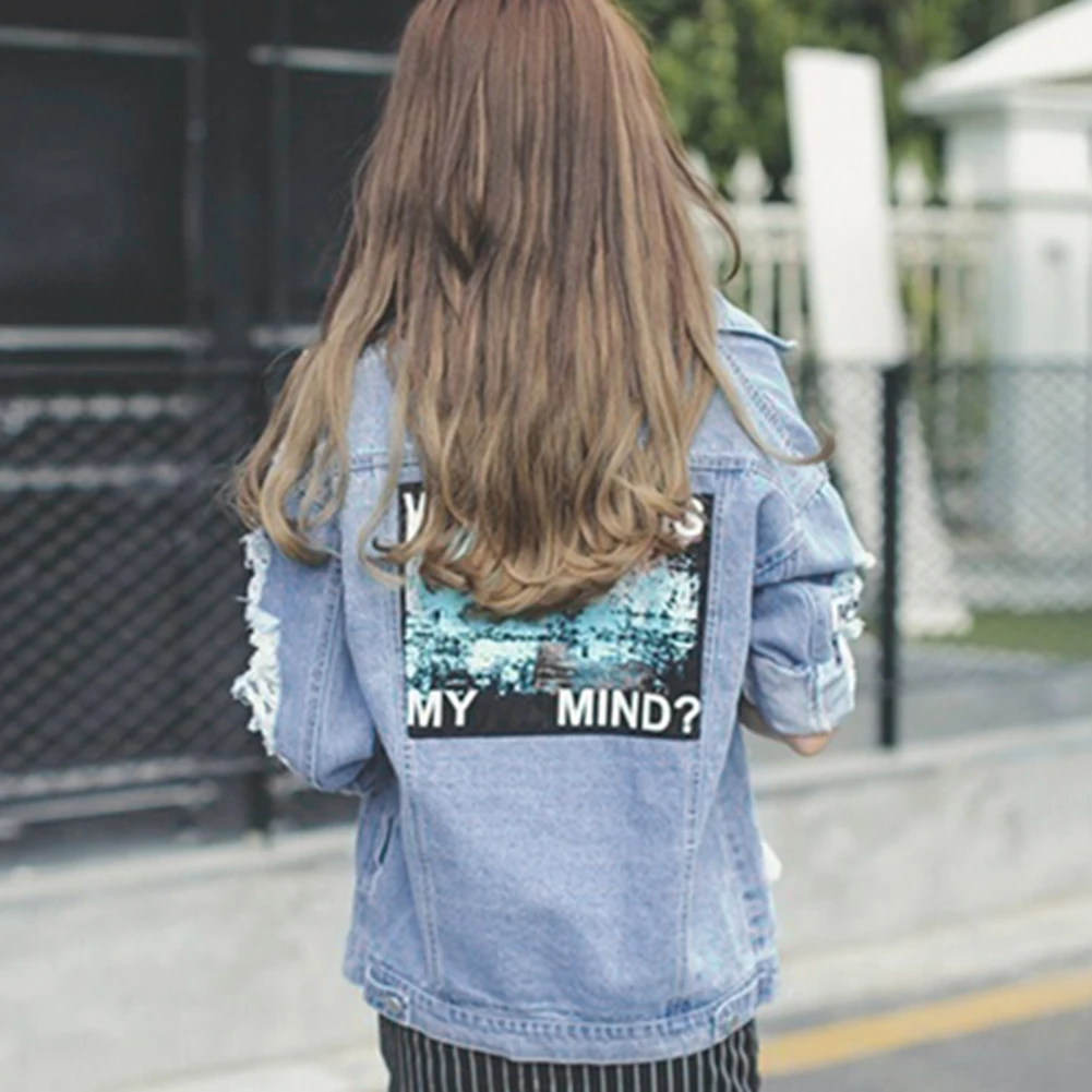 Модные потертые с длинным рукавом Письмо печати Patch Denim Jacket Для женщин рваные пальто