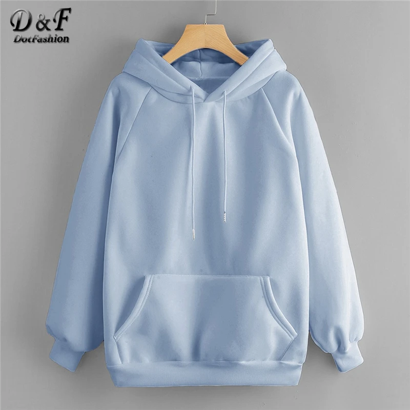 

Dotfashion Blue Pocket Drawstring Detail Solid Hoodie Women Casual Clothing Autumn Plain Long Sleeve Hooded Pullovers Sweatshirt