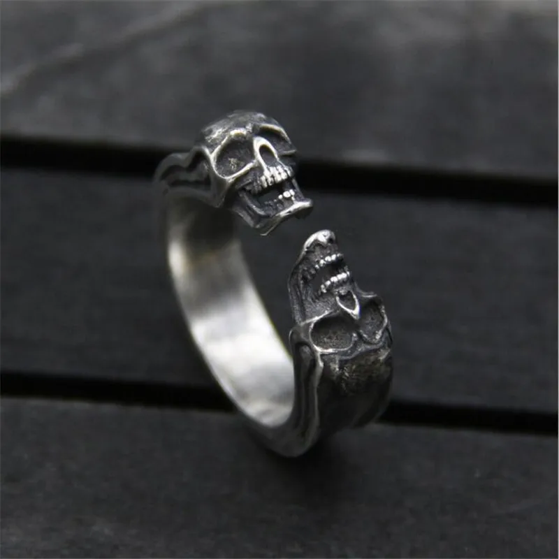 

Punk Gothic Biker Rings Tiny Double Evil Skulls Open Rings for Women 925 Silver Ring Personalized Men Jewelry Party Gift PBG054