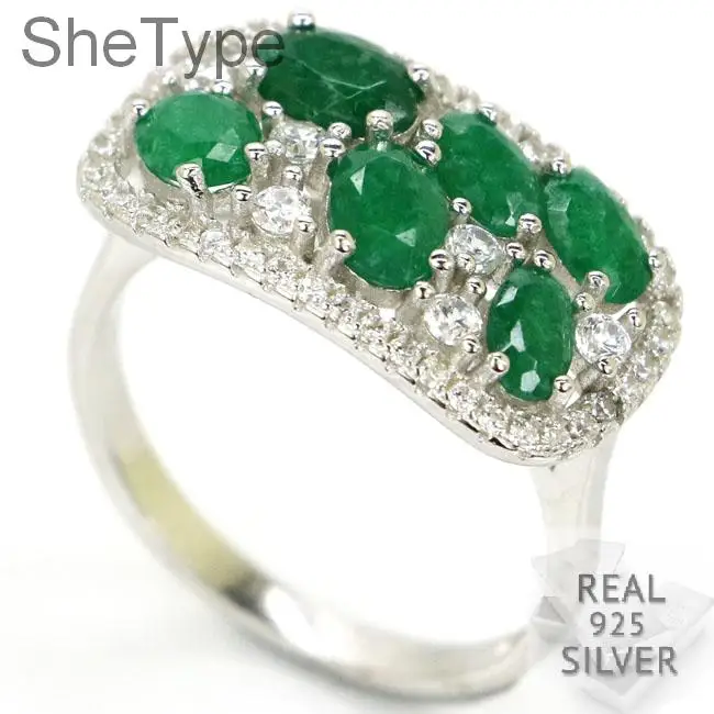 SheType красивый 4,1 г настоящий зеленый изумруд белый CZ 925 Твердые кольца из стерлингового серебра 21x12 мм