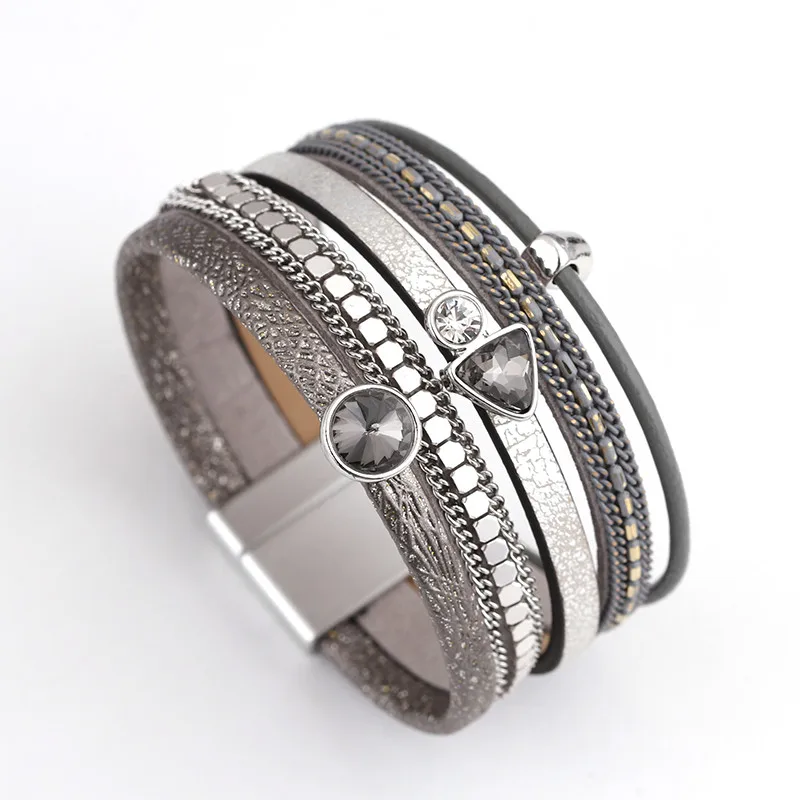 Amorcome многослойные кожаные браслеты для женщин, трендовая Подвеска со стразами, женские широкие браслеты и браслеты, Женские Ювелирные изделия - Окраска металла: Gray