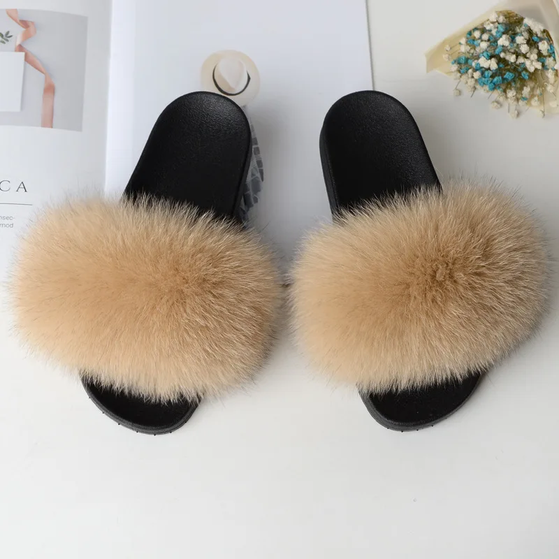 

Natural Fur Slippers Women Fox Home Fluffy Sliders Comfort With Feather Furry Summer Flats Raccoon Ladies Shoes Big Size 45 Home