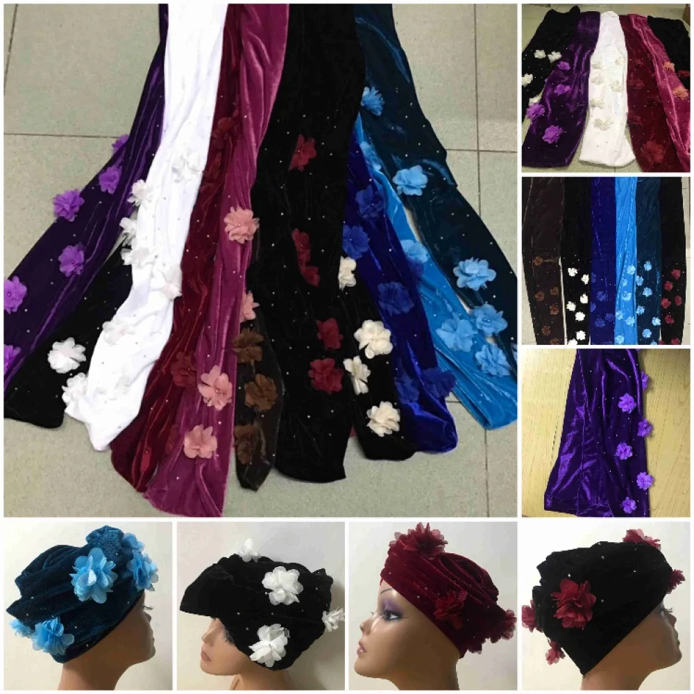 

2019 African 3D Flowers Beads Long Size Scarfs Auto Gele Elegant Velvet Mulism Turban Hat Headtie Headwrap Women Cap