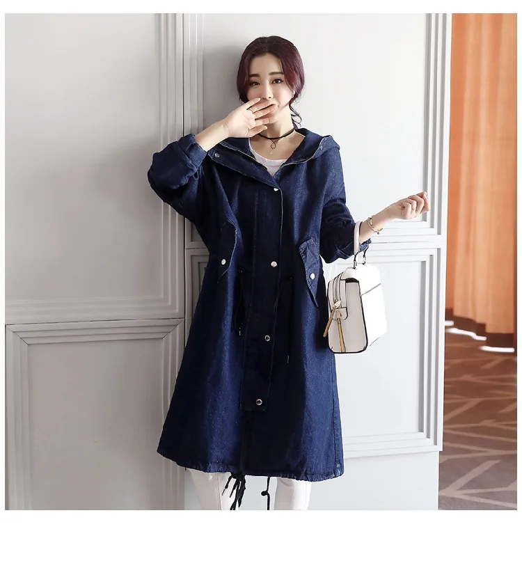 Spring Autumn Women Hooded Denim Trench New Korean Buttons and zippers Casual Loose Coat Female Long Denim Coat Is112 - Цвет: blue