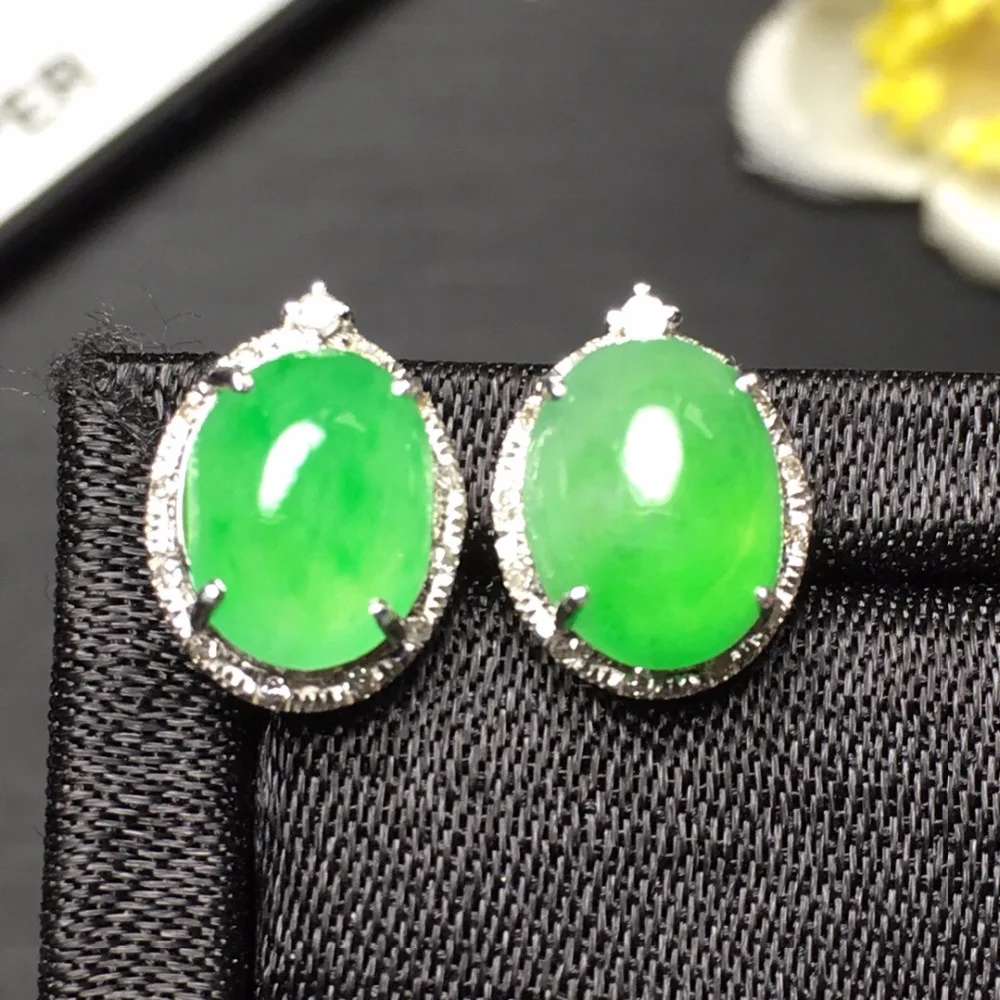 

Fine Jewelry Collection Real 18K White Gold AU750 100% Natural Green Jade Gemstone Myanmer Origin Stud Earrings for Women