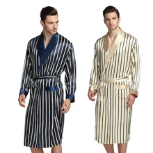Мужские шелковые атласные пижамы, халаты, ночные рубашки, халаты, S M L XL 2XL 3XL, плюс, бежевые, синие, в полоску