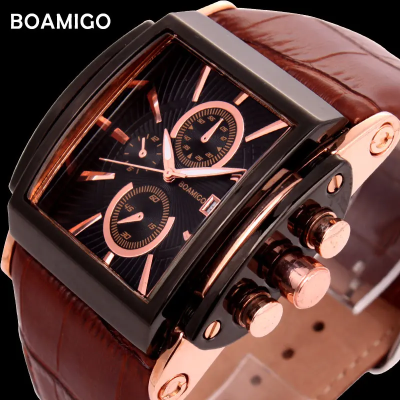 

BOAMIGO Coffee Leather Strap Mens Watches Fashion Casual Waterproof Quartz Watch Analog Rectangle Male Clock Relogio Masculino