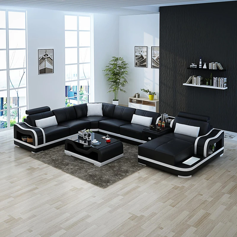 Black White Living Room Leather Coffee Sofa Set 7 Seater Leather Coffee Sofa Set 7 Seater