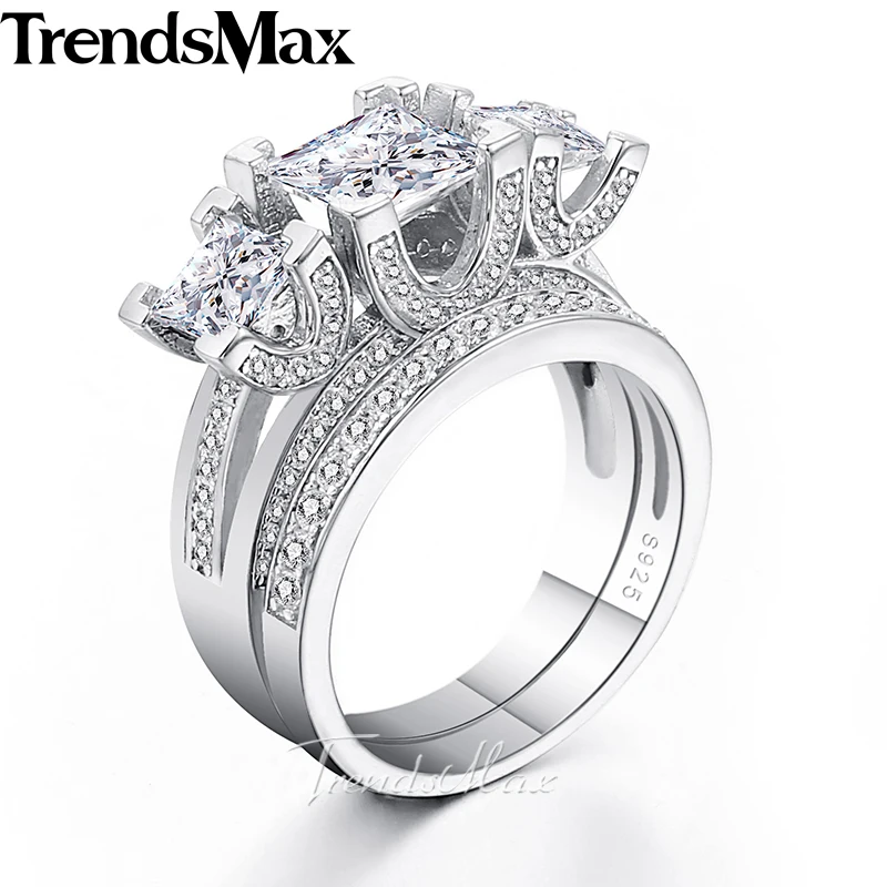 Trendsmax Princess Cut Cubic Zirconia Women Girls Band Ring 925 Sterling Silver Wedding Engagement 3.68-11.77 Carat KSRM05