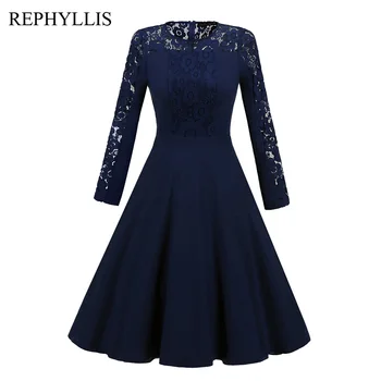 

RREPHYLLIS Women Stitching Lace Full Sleeve Party Cocktail O Neck Prom Bodycon Ceremony Wedding Guest Casual Work Dress