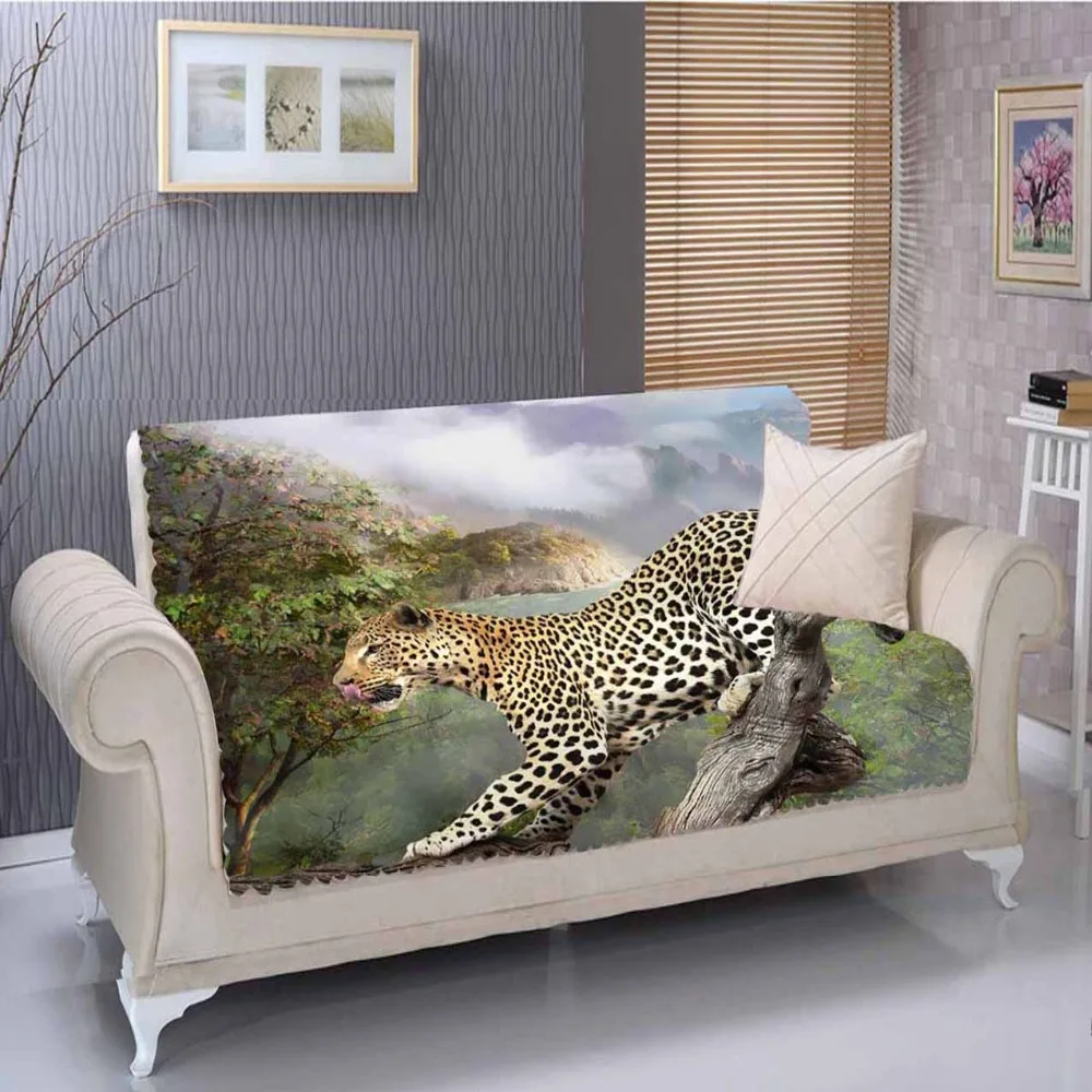 

Else Green Forest Lake Leopard Animals 3D Pattern Living Room Stain Resistant Printed Furniture Protector Seat Sofa Cover