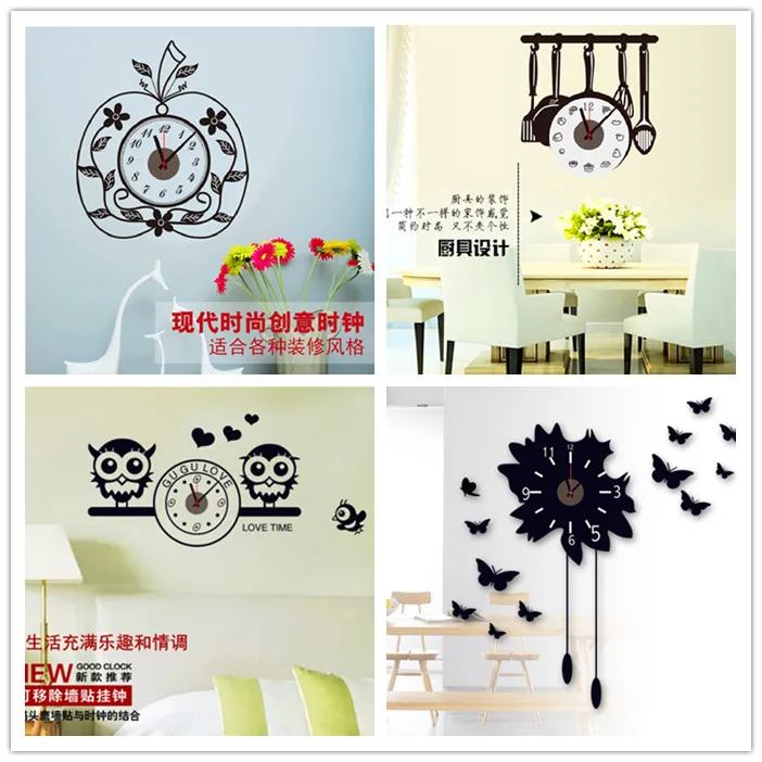3D Clock Needle Kitchen Wall Sticker Cartoon Owl Apple Design Watch Home Decoration Wall Decals Wallpaper For Bedroom Poster