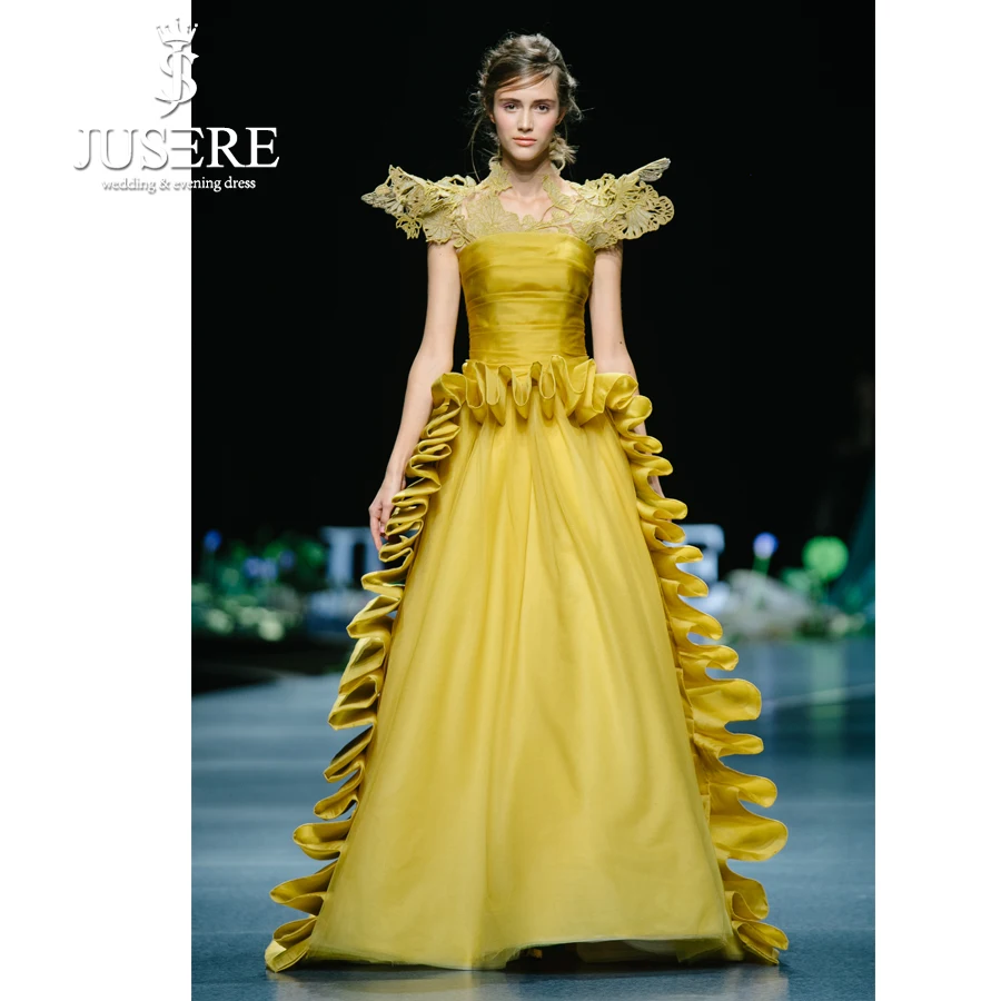 

JUSERE 2019 SS FASHION SHOW High Coloar Yellow Long Evening Dress Embroidery Sweep Train Formal Gowns Robe de soiree vestidos