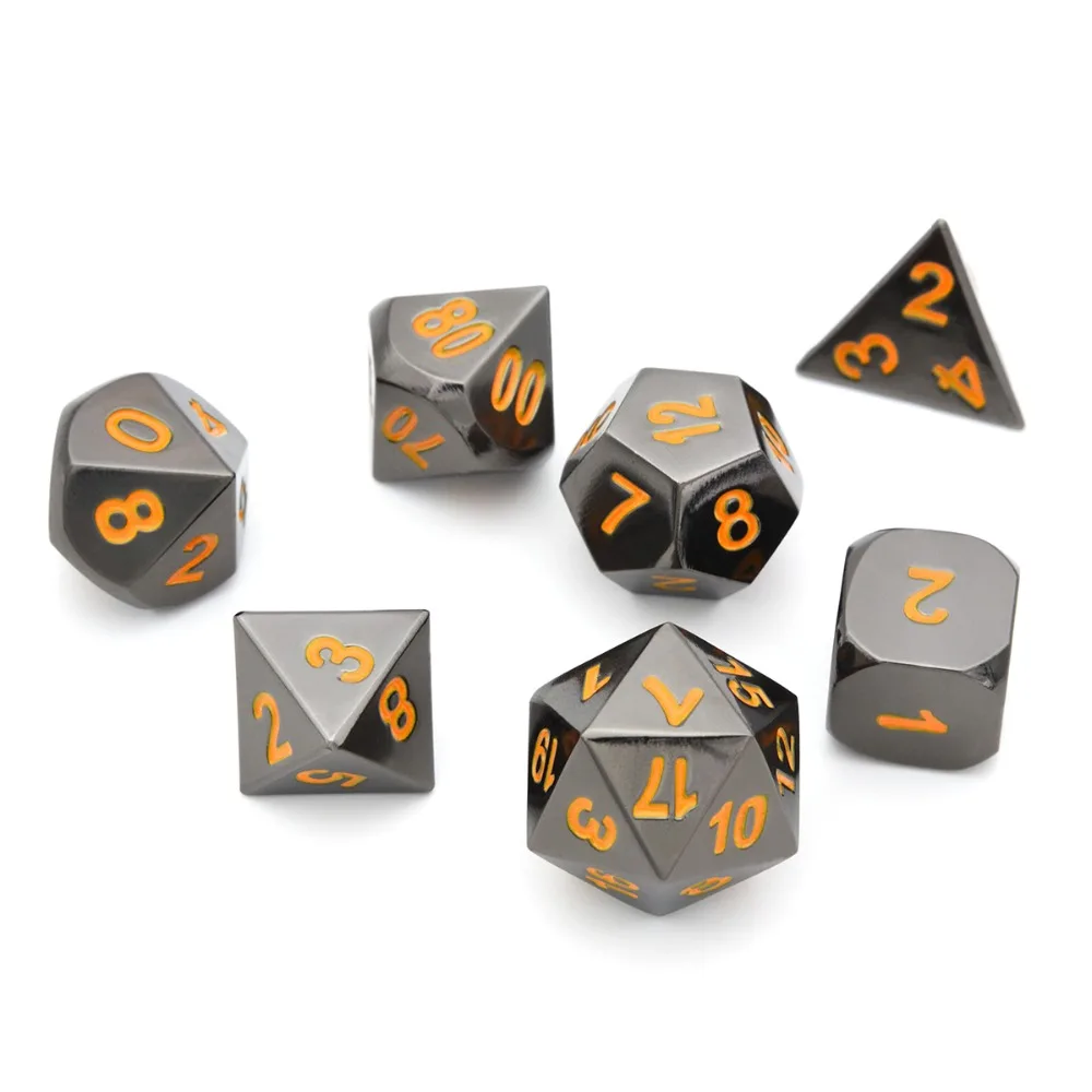 Black Chrome Metal RPG Set with Orange Numbers for Dungeons and Dragons RPG Dice Gaming and Math Te - 32959074947