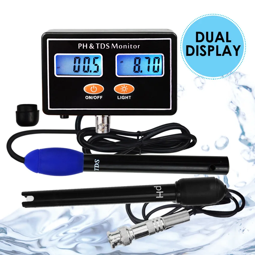 

Dual Display Combo pH & TDS Monitor Tester 0.00~14.00pH & 0.0~199.9ppt w/ ATC Rechargeable Water Quality Real-time Monitoring