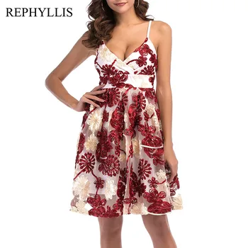 

REPHYLLIS Women Red Fashion Vintage Strappy Backless Deep V Neck Floral A Line Evening Party Ceremony Prom Casual Swing Dress