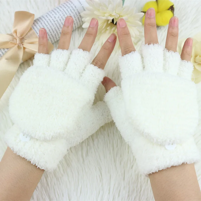 Зимние теплые перчатки Chamsgend для женщин, высокое качество, Плюшевые Вязаные перчатки с открытыми пальцами - Цвет: White