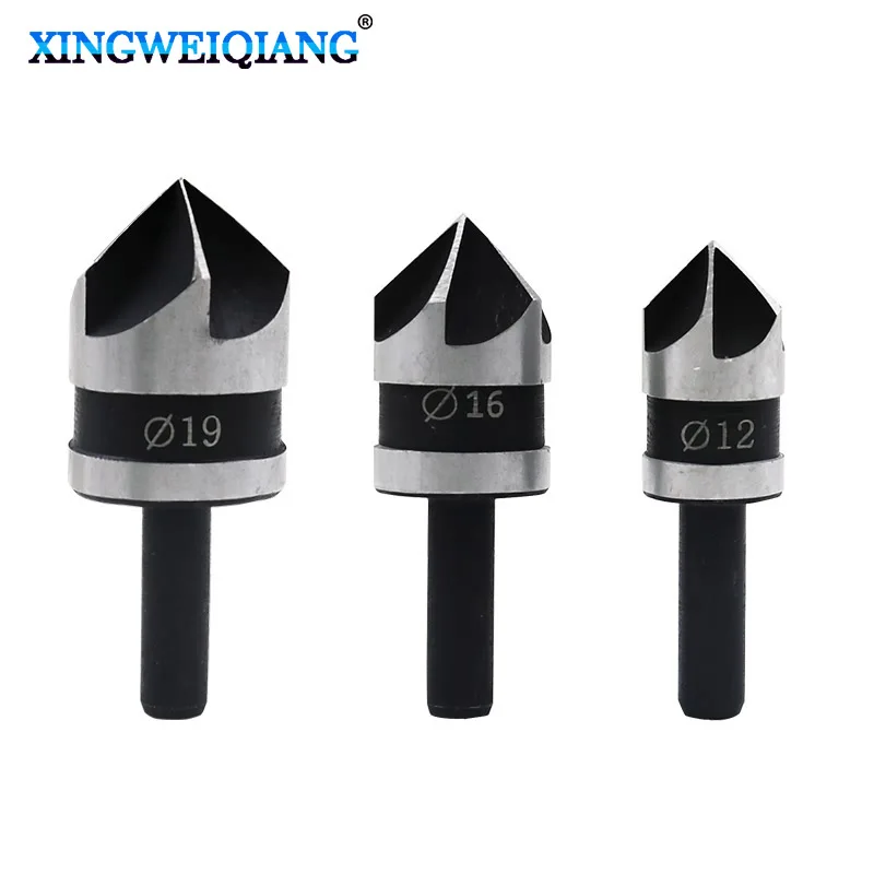 3pcs/set 90 Degree 1/4 Hex Shank Drill Bit 5 Flute 12mm 16mm 19mm Woodworking Chamfer Counter Sink Chamfering Debur Countersink