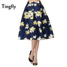 Tingfly Gorgeous Vintage Empire Waist 90S Floral Printed Office Midi Skirts Womens A Line Big Hem Princess Skirt Saia Faldas