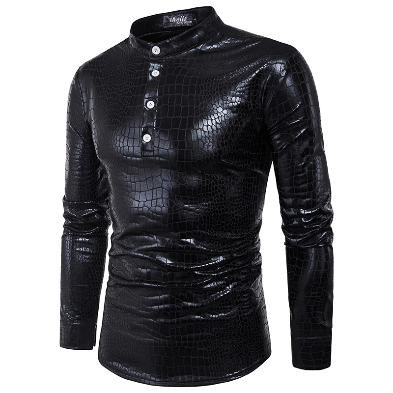 

PADEGAO men PVC leather blouse long sleeve Metallic Shiny top Shirt Punk style clubwear Slim camisa masculina chemise homme 2XL