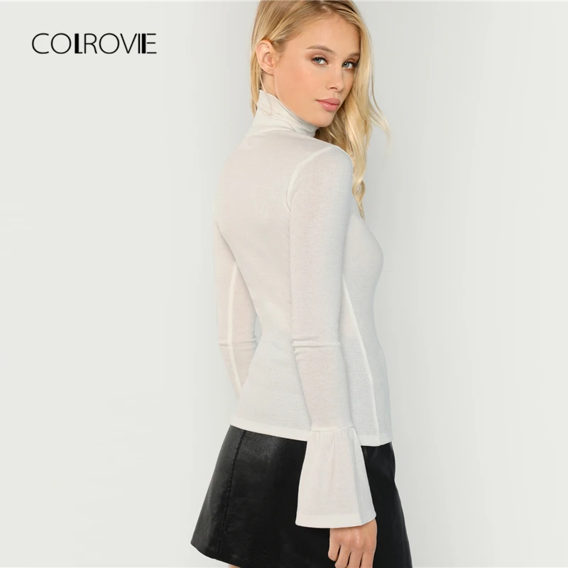 COLROVIE Ruffle High Neck Work Elegant Solid White T Shirt Women 2018 Flounce Sleeve Tee Sexy Female T-Shirts Women Tops Tee COLROVIE Ruffle High Neck Work Elegant Solid White T Shirt Women 2018 Flounce Sleeve Tee Sexy Female T-Shirts Women Tops Tee
