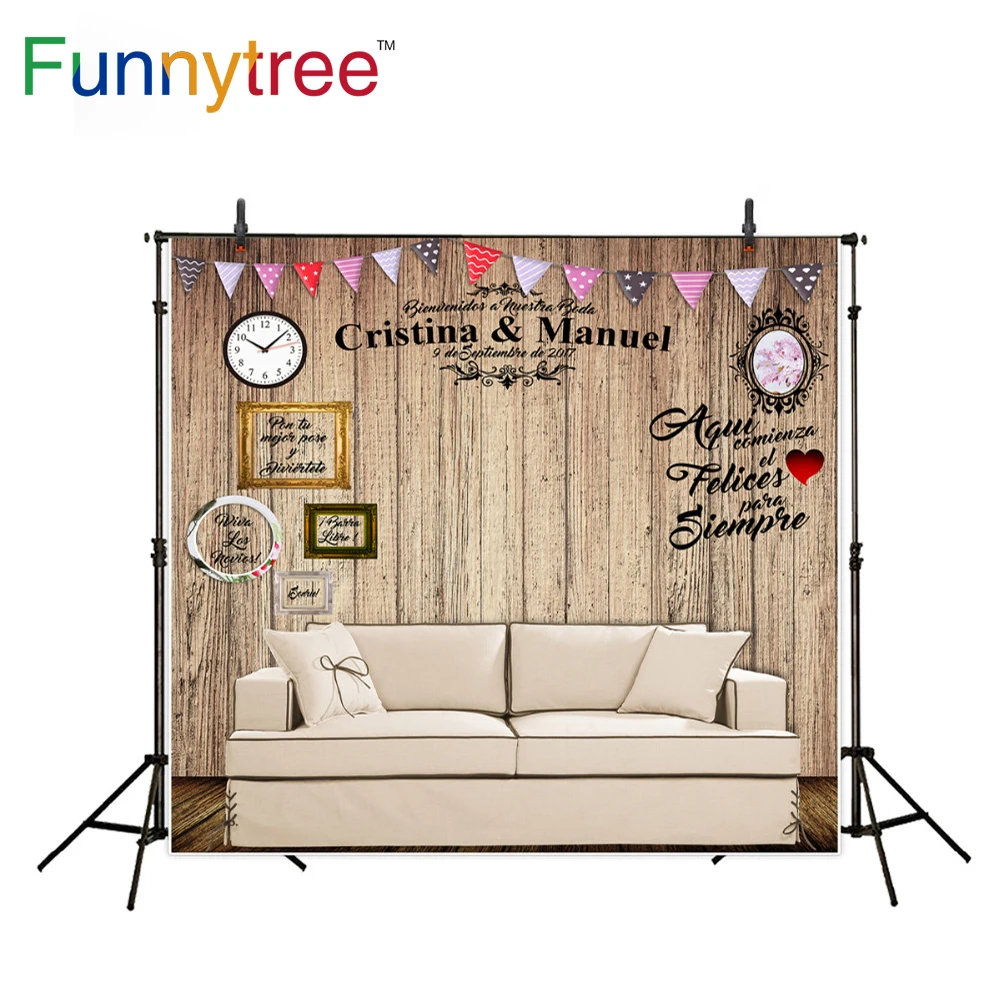 

Funnytree wedding custom photography backdrop flags personal date name sofa wood background photobooth photocall prop