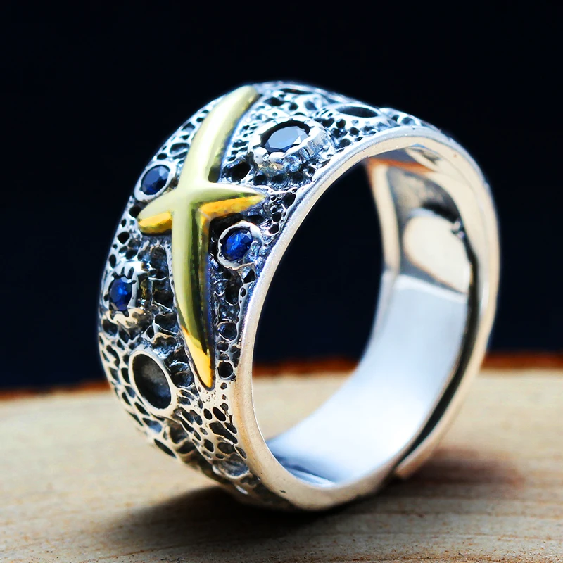 Чистое 925 пробы Серебряное ювелирное изделие, кольца с крестиком, винтажные мужские кольца с голубой звездой для женщин, специальный подарок 0036