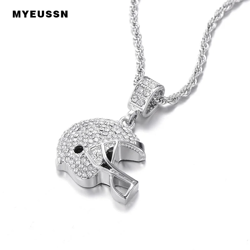 Rugby Helmet Pendant Sport Style For Men Iced Out Chain Shining Crystal Gold/Silver Charm Football Necklace Pendant NFL Helmet