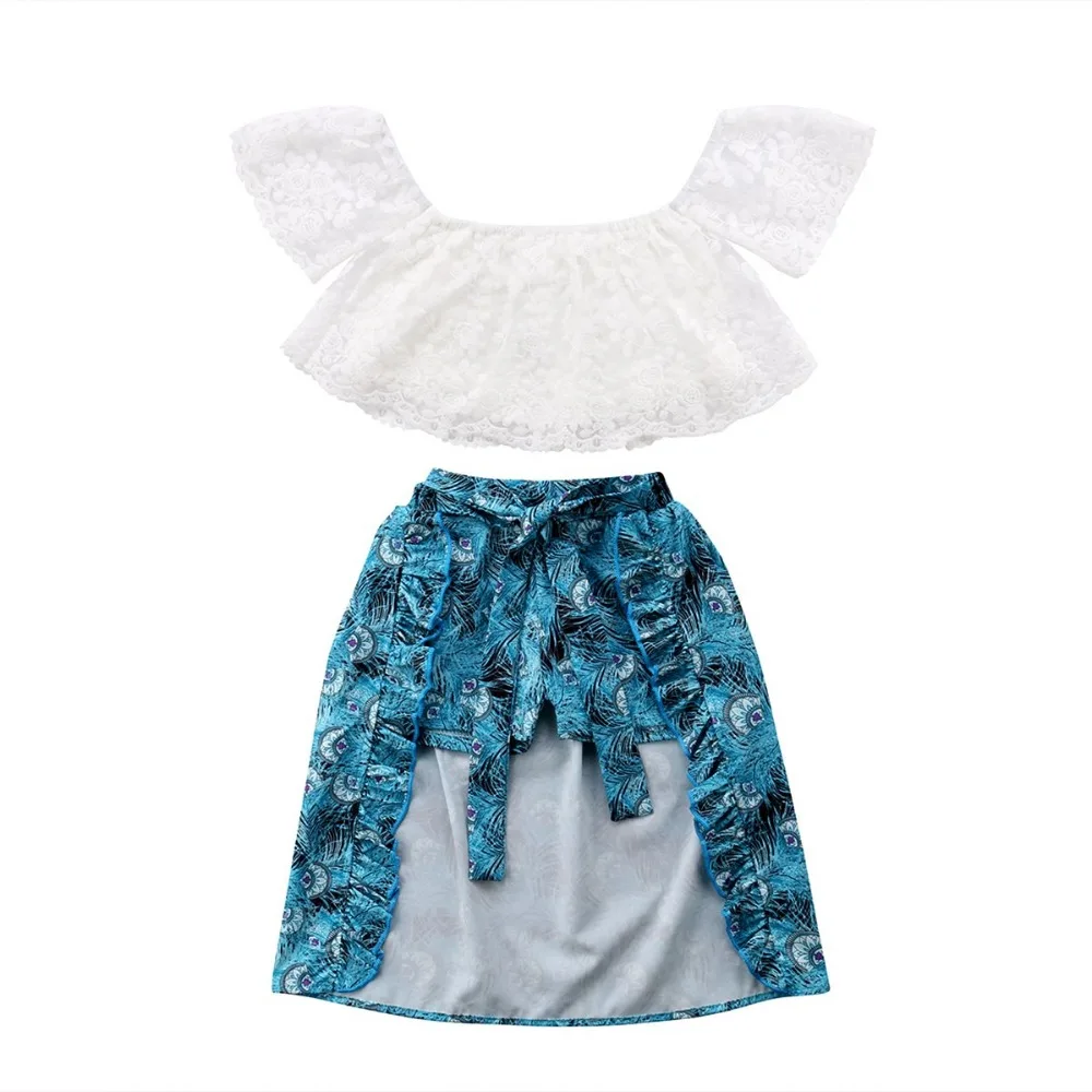 

New 2018 baby girl summer set 3PCS Baby Girl Off Shouler T-shirt Tops Short Pants Peacock Skirt Party Clothes Outfits 1-6T