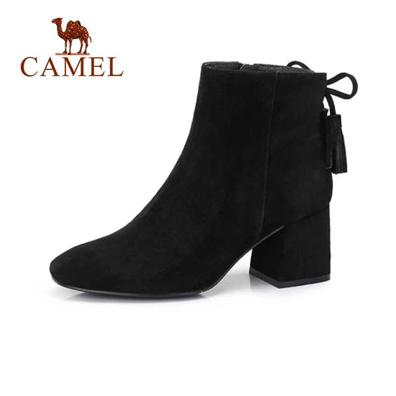 

CAMEL High Heel Short Boots Shoes Women 2018 Black Color Fashion Thick Heel Casual Shoes Plus Velvet Keep Warm For Girls