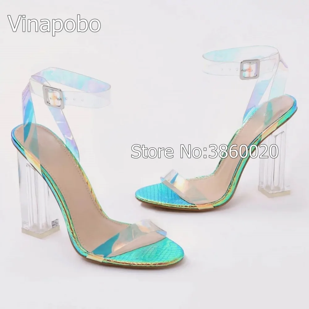 

Vinapobo Latest Women Open Toe Strappy Ankle Strap summer Sandals Crystal Transparent Clear Block Thick High Heel Sequined Shoes
