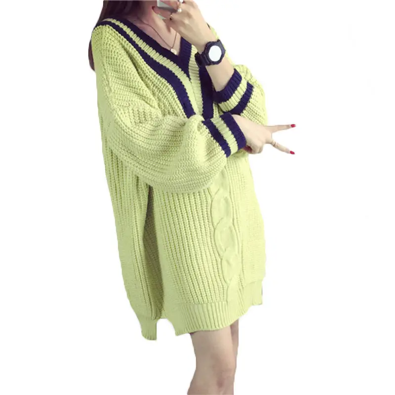 2018 Spring Autumn New Loose Medium Long Women Knit Sweater Korean Large Size V-neck Pullover Twist Dress Female LQ104 | Женская одежда