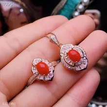 KJJEAXCMY ювелирное изделие из стерлингового серебра 925 пробы, инкрустированное натуральным красным кораллом, женское кольцо, ожерелье, подвеска с двумя комплектами поддержки d