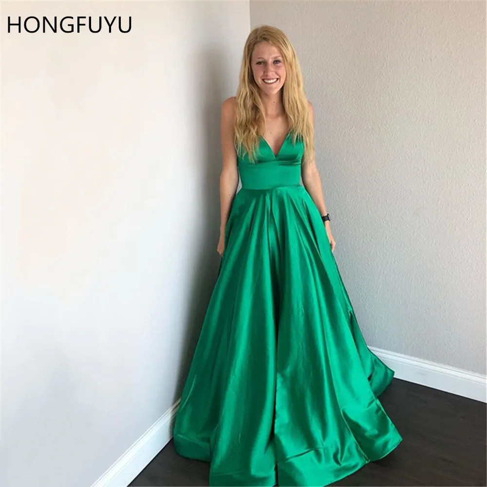 

HONGFUYU Emerald Long Satin Prom Dresses Spaghetti Straps Evening Gowns with Pockets A Line Backless Party Dress robe de soiree