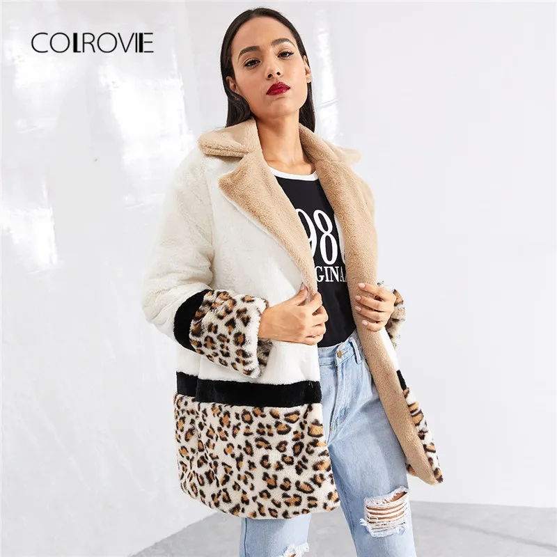 COLROVIE/уличная одежда с леопардовым принтом, пальто из искусственного меха, повседневное теплое зимнее пальто, Женское пальто, модная женская верхняя одежда