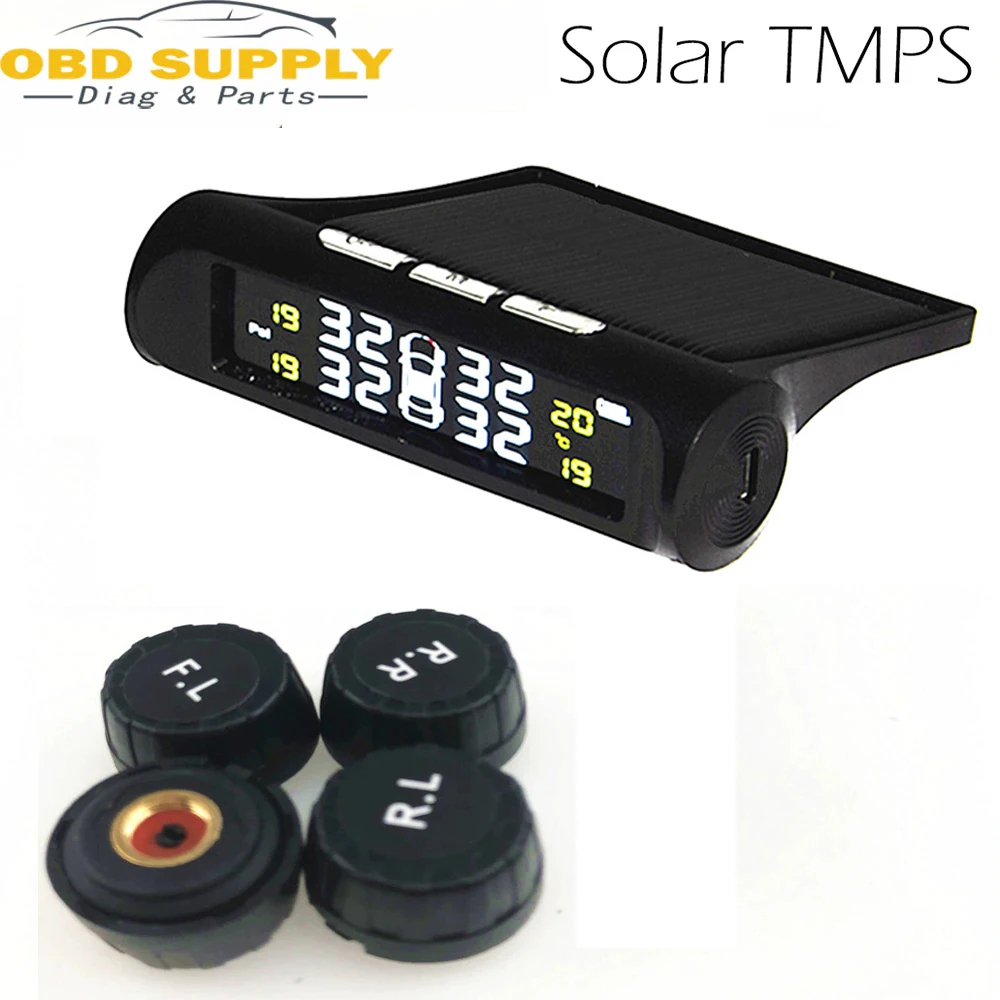 4 External Sensors Solar Wireless TPMS Car Tire Pressure LCD Monitoring System