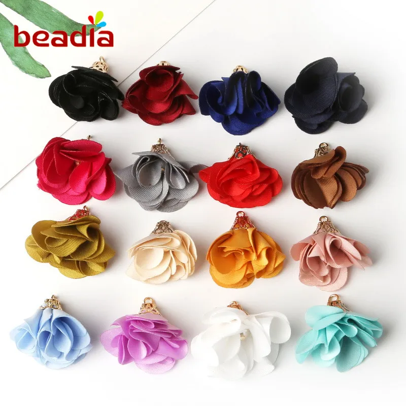 

20pcs Multipel Color Satin Fabric Flower Tassel Charms Diy Jewelry Findings Flower Tassel For Keychain Cellphone Earring Silk