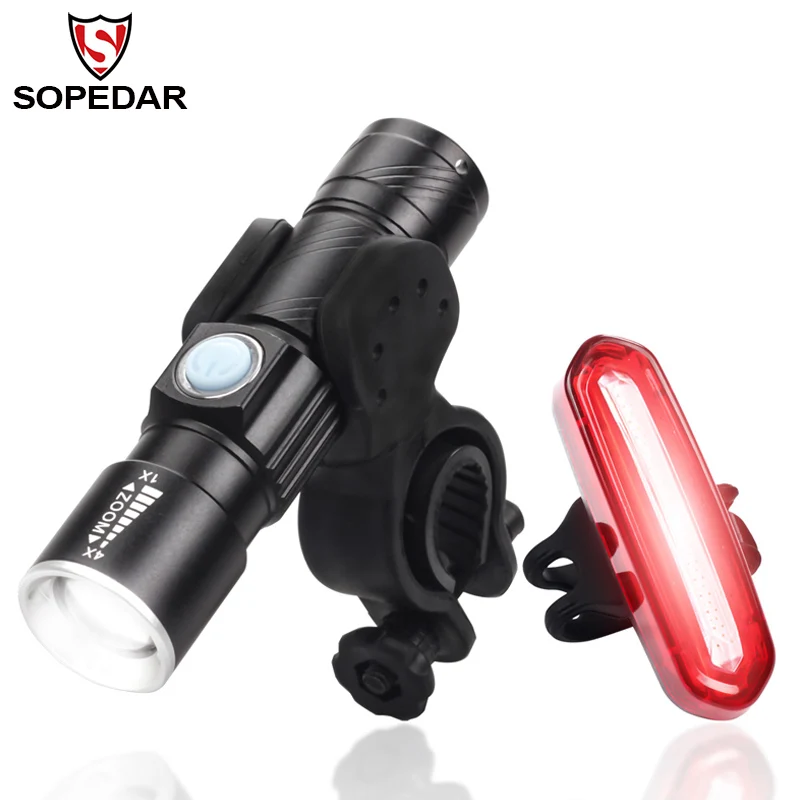 

SOPEDAR Cycling Bike Led Front Torch + Taillight USB Rechargeable Mountain Bike Handlebar Light Bracket MTB Bicycle Accessories