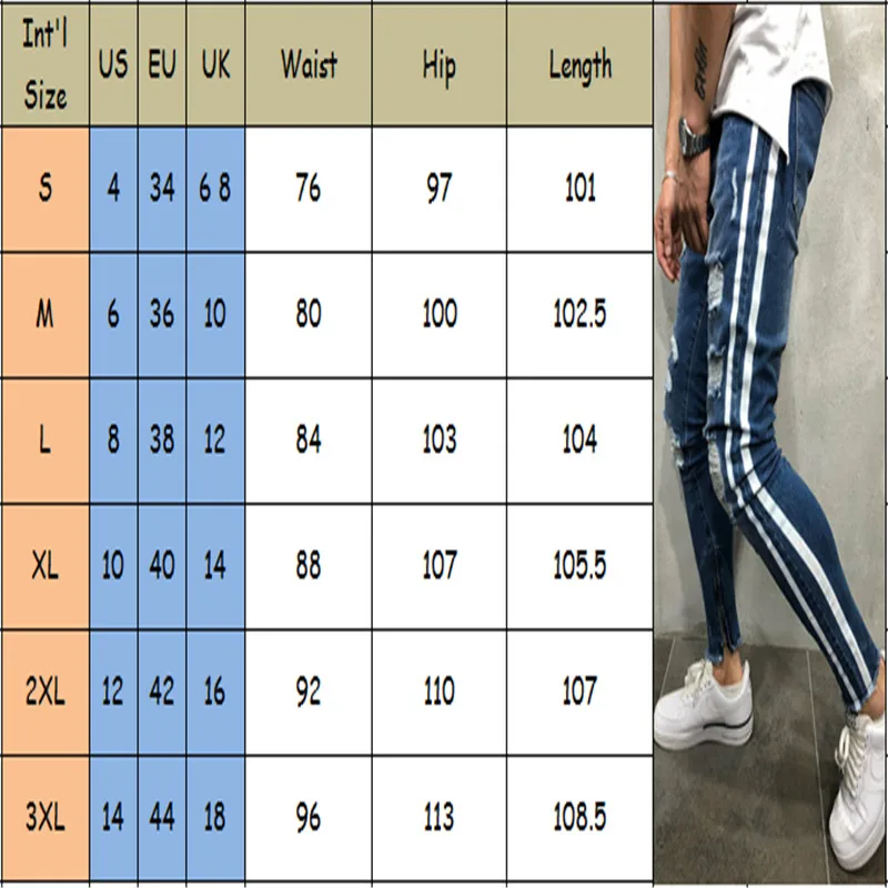 Модные мужские обтягивающие джинсы байкерские рваные потертые джинсовые рваные джинсовые штаны с боковой полосой узкие брюки в стиле хип-хоп Уличная одежда
