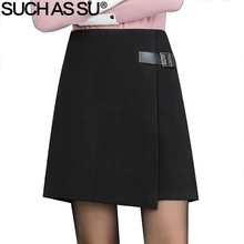 Осень-зима, шерстяные юбки для женщин,, черные, коричневые, с поясом, прошитая, Мини, трапециевидная, асимметричная юбка, S-3XL, для девушек, нестандартная юбка