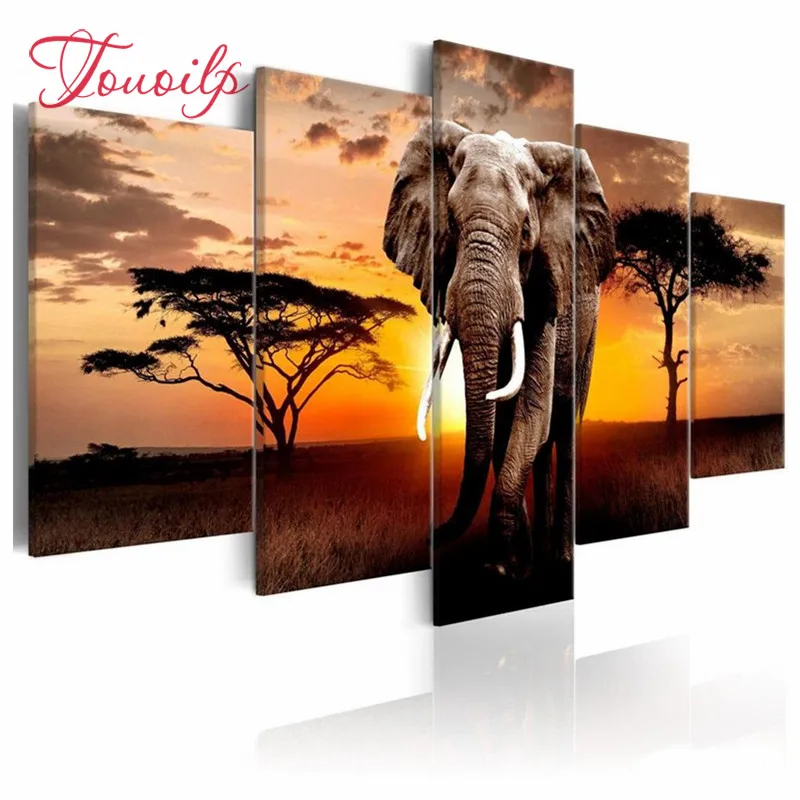 

Wild Safari Elephant - 5 Panels 5D Diy Full Square round Diamond Painting 3D Embroidery Kit Home Decor