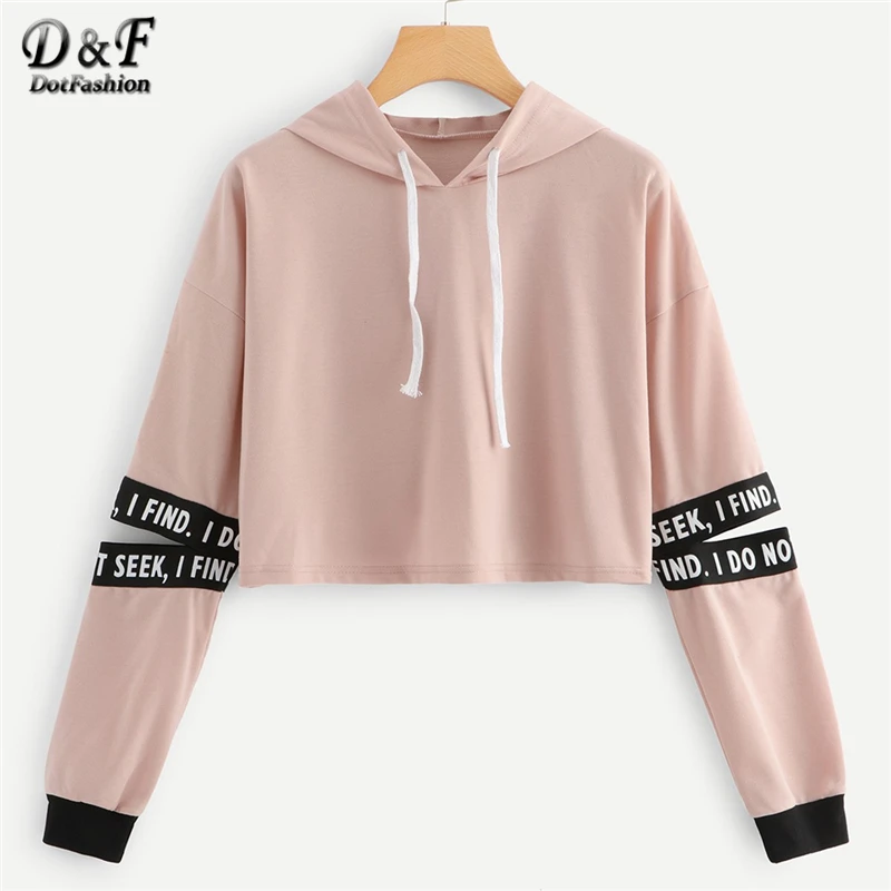 Dotfashion الوردي إلكتروني الرباط هوديي قطع كم المحاصيل البلوز النساء عارضة الخريف الملابس مقنعين طويلة الأكمام السترة Dotfashion الوردي إلكتروني الرباط هوديي قطع كم المحاصيل البلوز النساء عارضة الخريف الملابس مقنعين طويلة الأكمام السترة