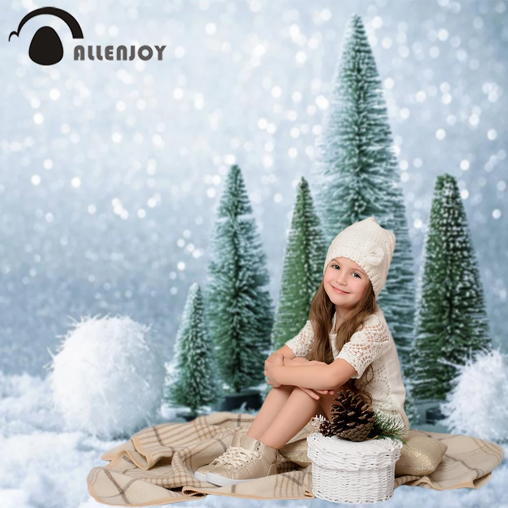 

Allenjoy photophone photocall bokeh gray white snow green trees baby winter Christmas cute photography backdrops wall-papers