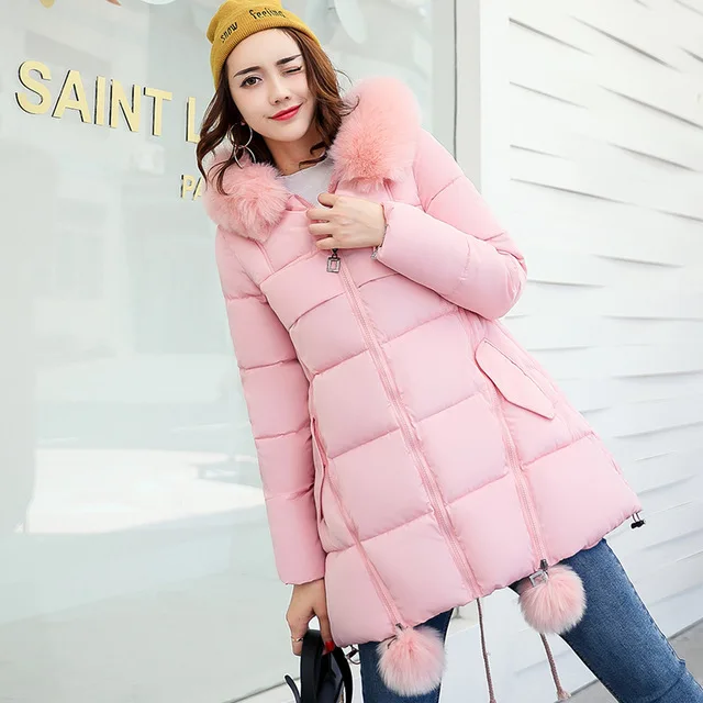 

Long Women Winter Jacket Solid Cotton Padded Warm Fur Collar Hooded Cartoon Print Female Coat Parka