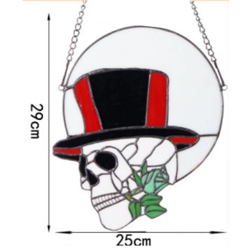 

Skull Stained Glass Window Panel with Chain Leaded Glass Hanging Decoration