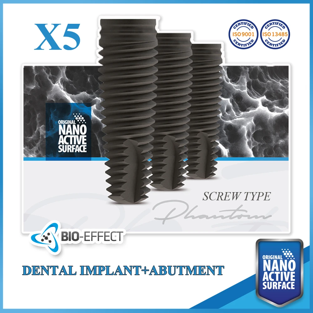 

5 Bio-Effect Original Nano Active Dental Implant-Phantom Screw Type + 5 Straight Regular Abutment(Gift)-For Internal Hex