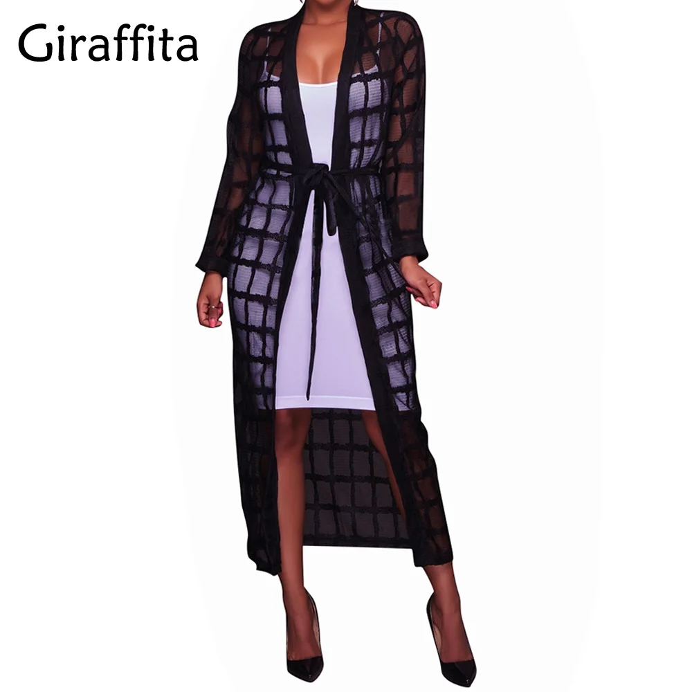 

Giraffita Plaid Women Shirts Organza Beach Cardigan Kimono Long Autumn Blouses Body Top Black Camisa Mujer Big Size Blusas